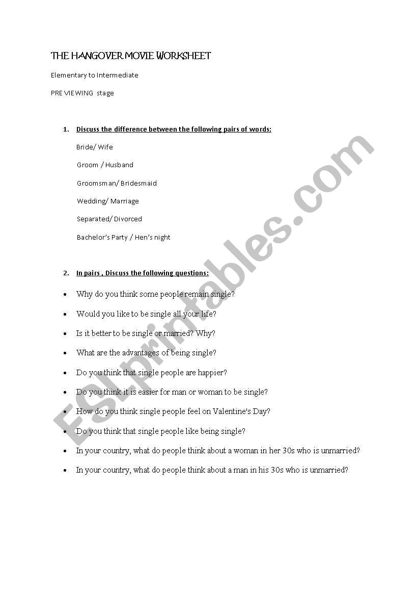 The Hangover movie worksheet worksheet