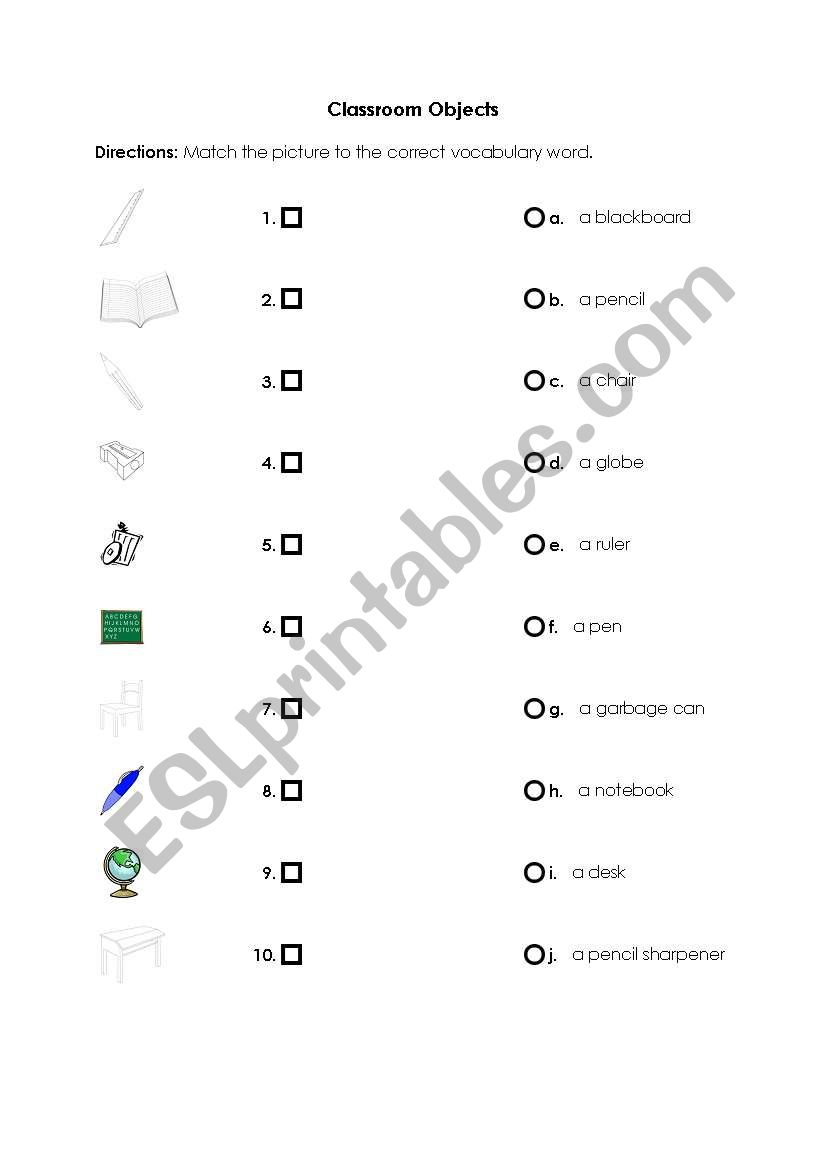 Classroom Objects worksheet