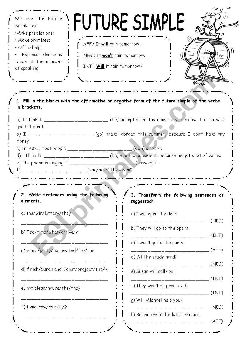 FUTURE SIMPLE EXERCISES ESL Worksheet By Elisabeteguerreiro