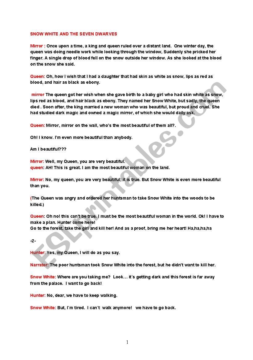 Snowwhite and seven dwarves worksheet