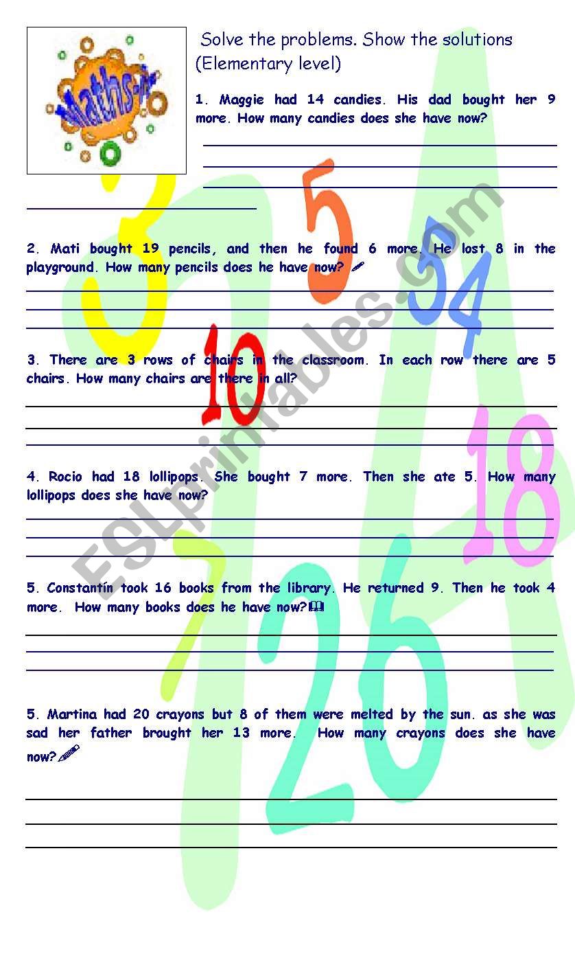 SIMPLE MATHS PROBLEMS ESL Worksheet By CariReguilleau