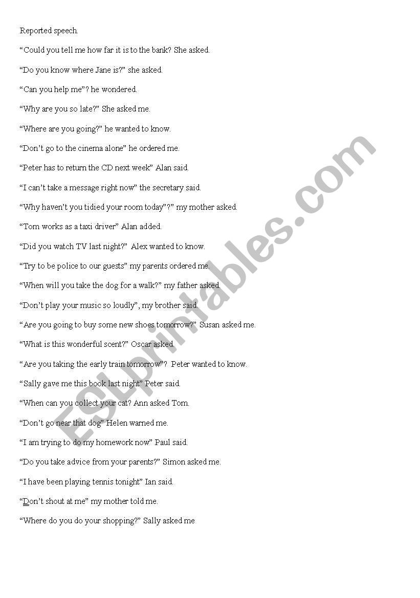 REPORTED SPEECH PRACTICE worksheet