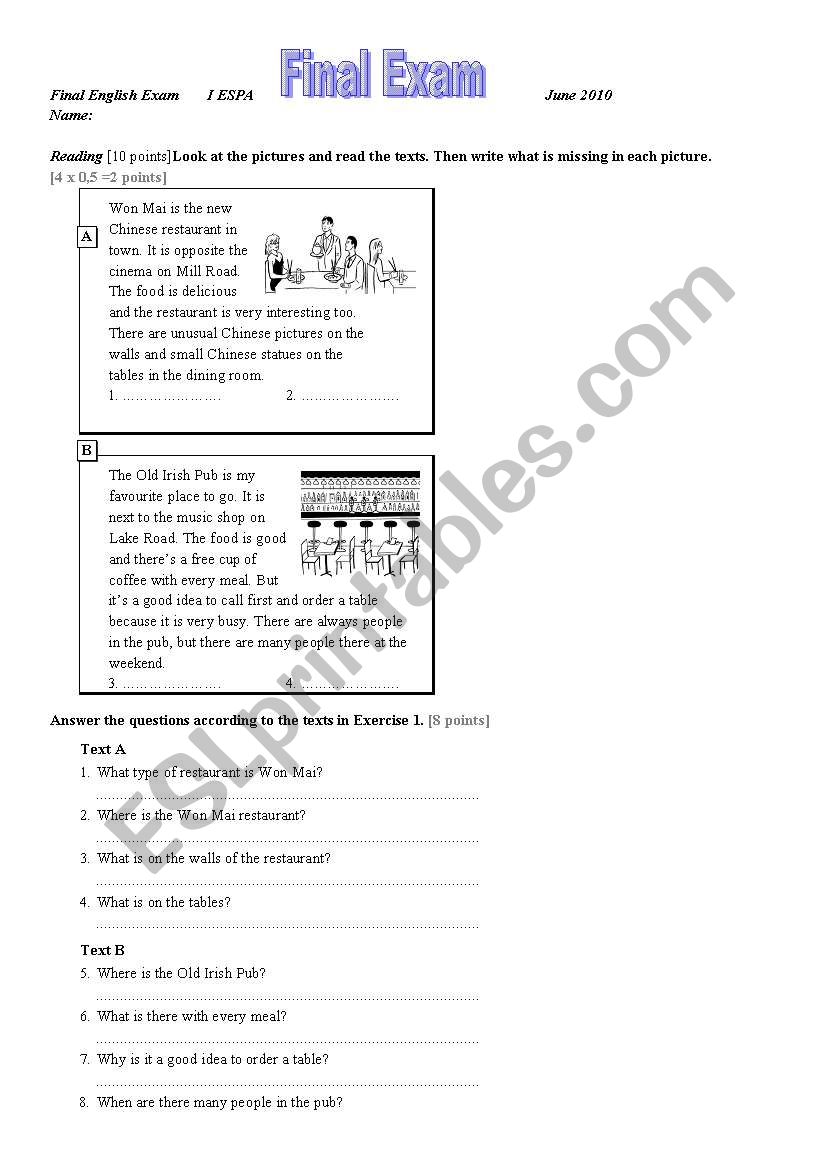 final exam for 1ESA worksheet