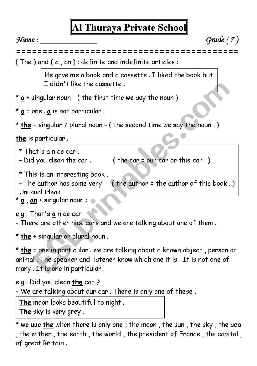 Articles  worksheet