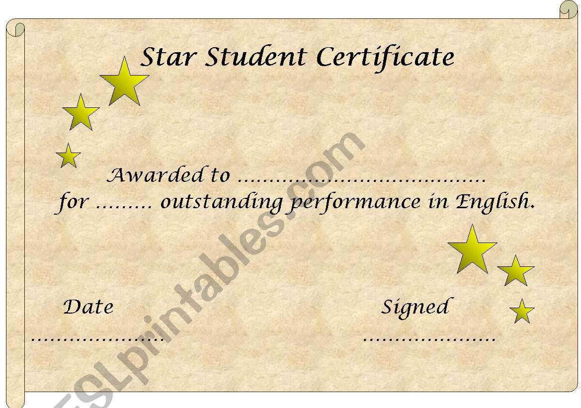 English Worksheets Star Student Certificate Template Editable
