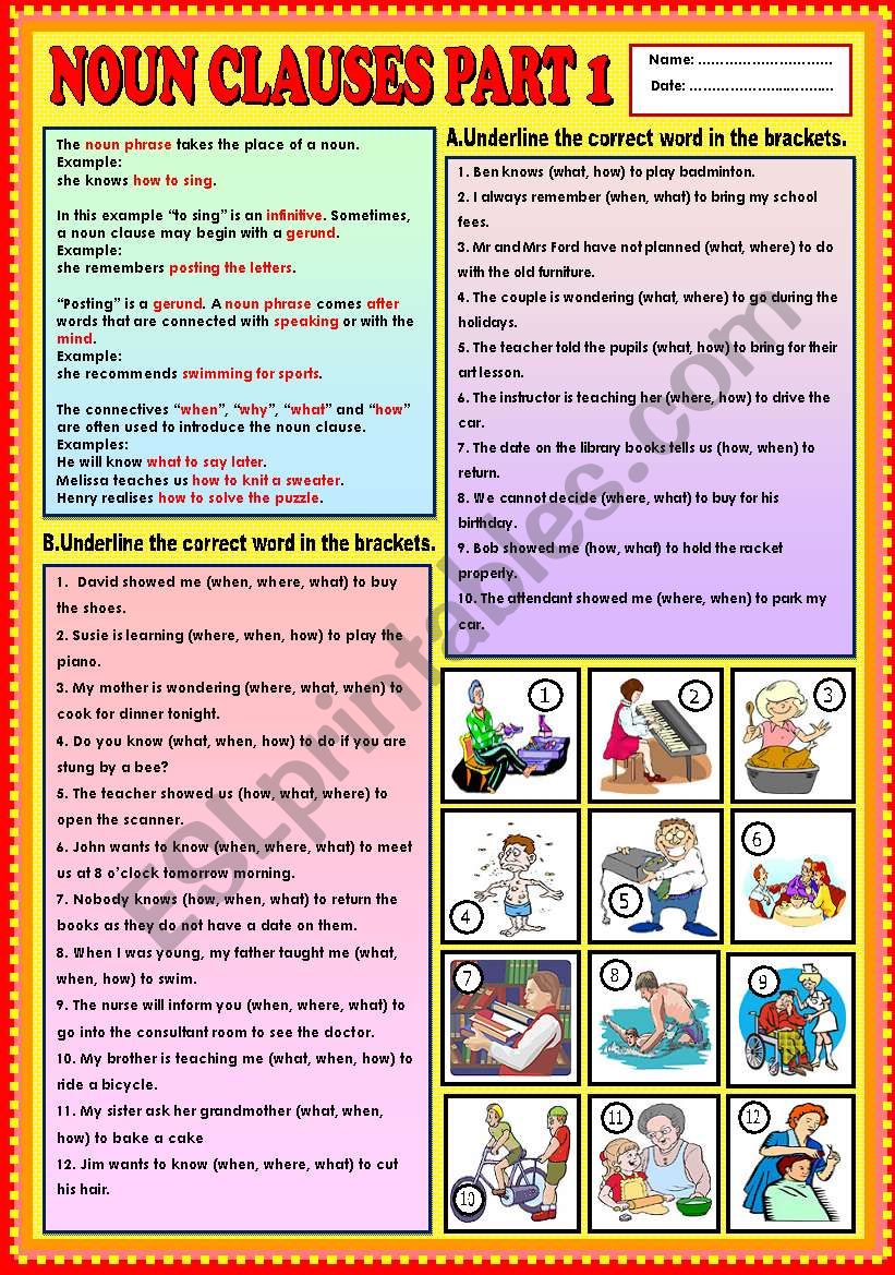 Classifying The Noun Clause Worksheet