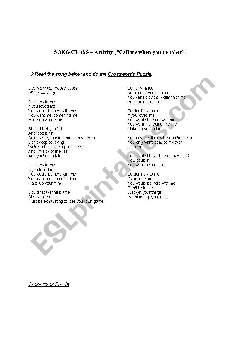 English Worksheets Song Class Call Me When You Re Sober