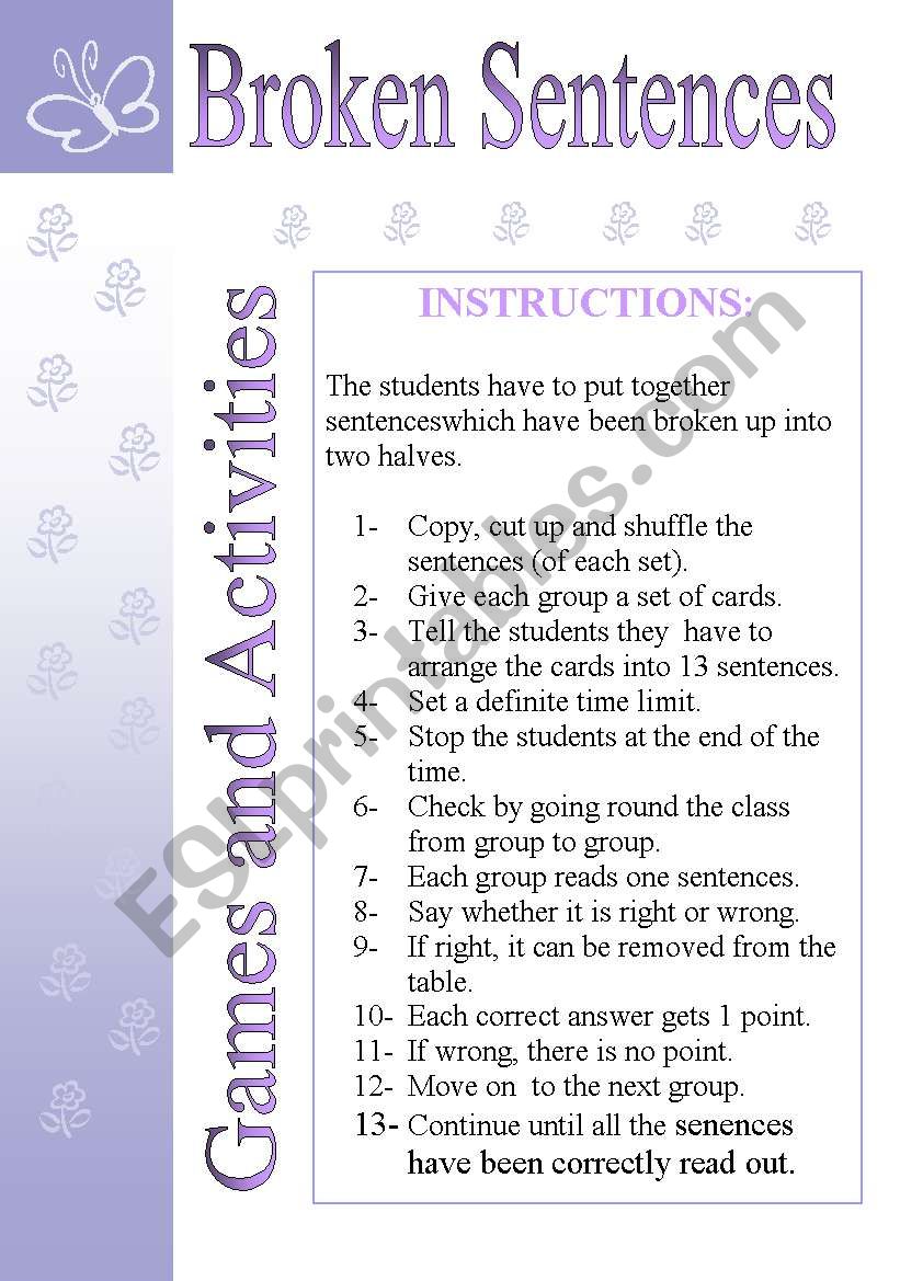 BROKEN SENTENCES INSTRUCTIONS PART 1 ESL Worksheet By Sevim 6