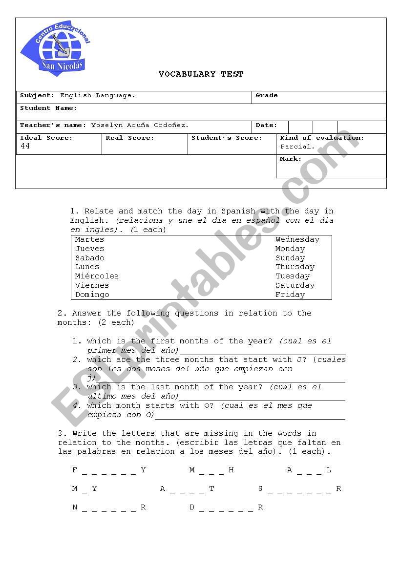 English Vocabulary Test worksheet