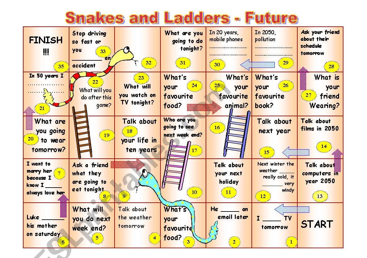 Snakes And Ladders Game Future Tense ESL Worksheet By Celine1