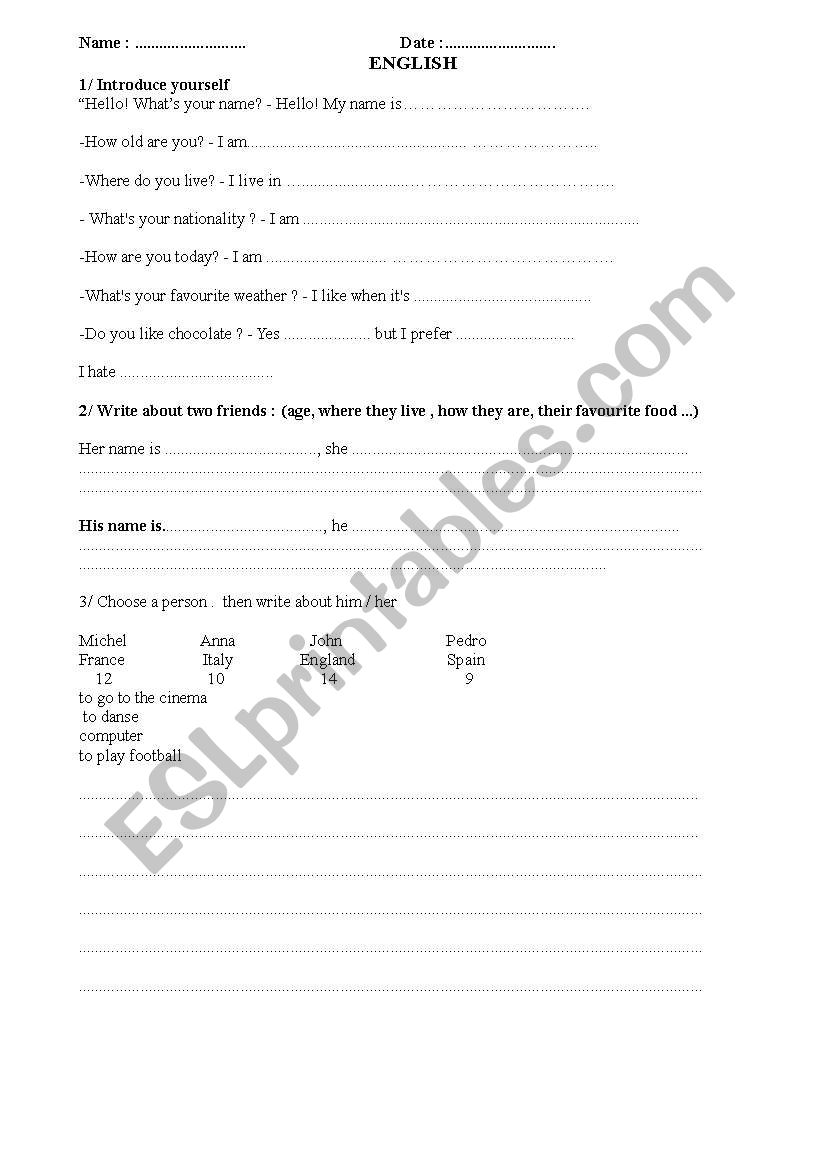 Introduce yourself worksheet