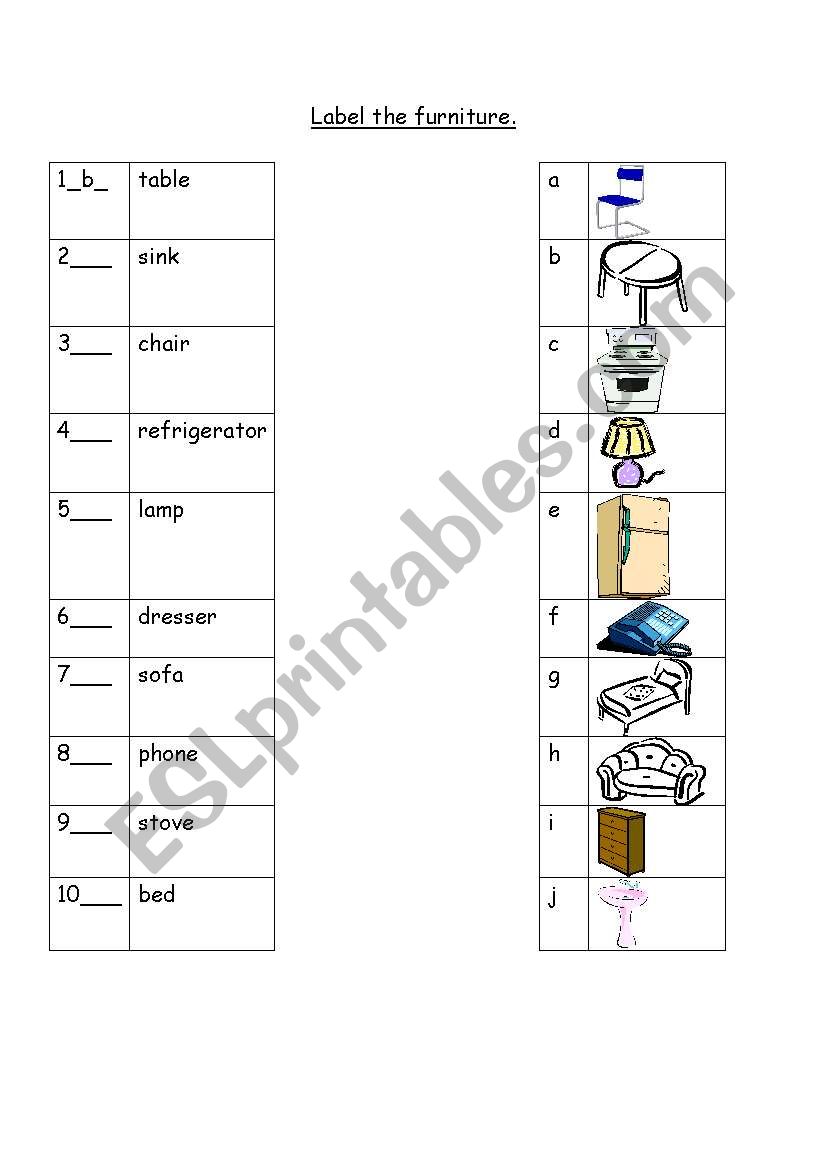 Furniture worksheet