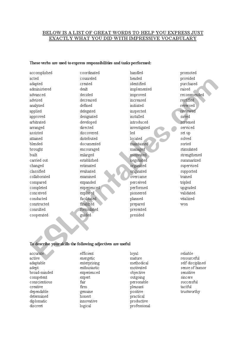 Vocabulary for job interviews worksheet