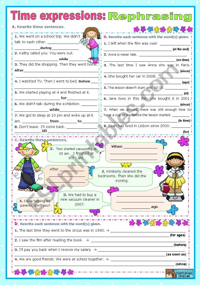 Time Expressions Rephrasing ESL Worksheet By Mena22