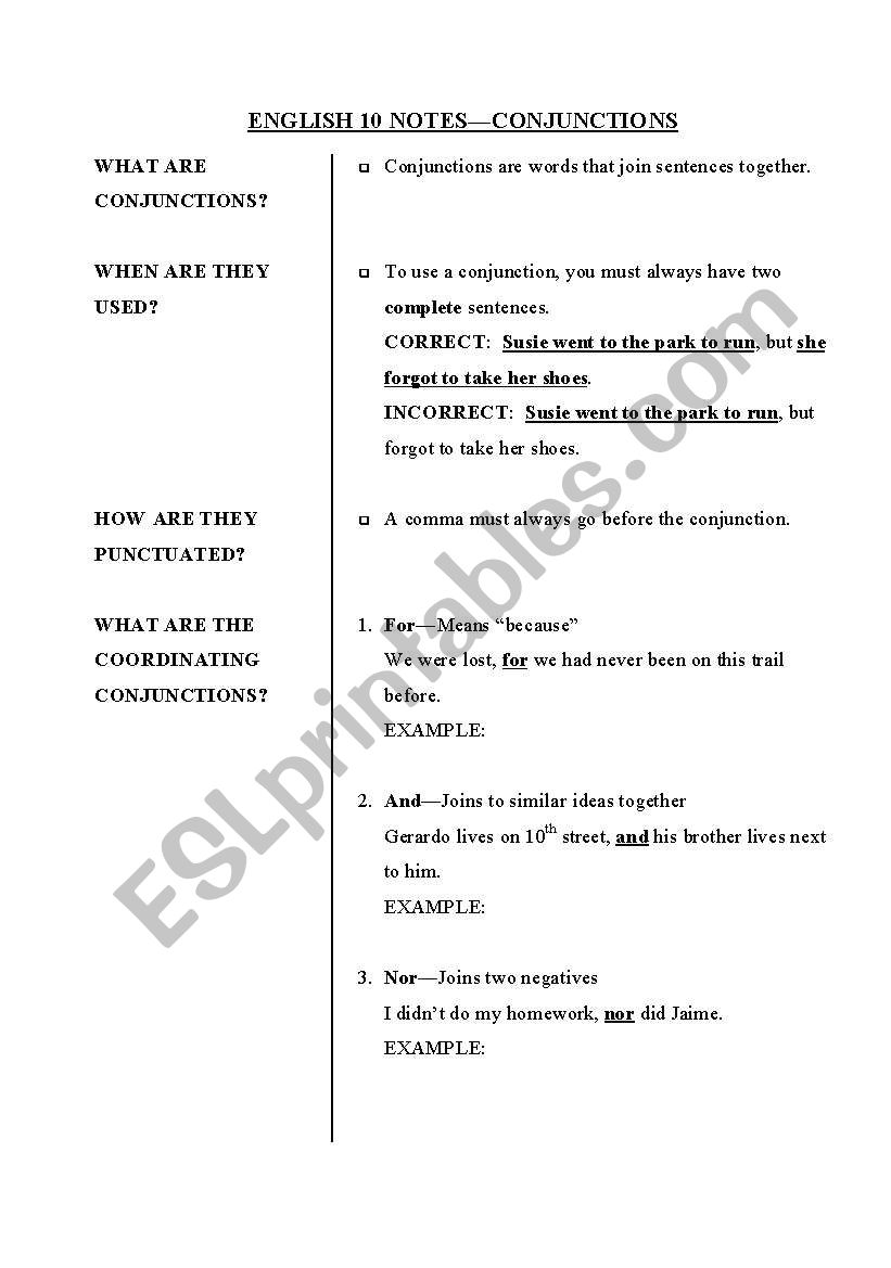 Conjunctions Notes - ESL worksheet by aspensanders