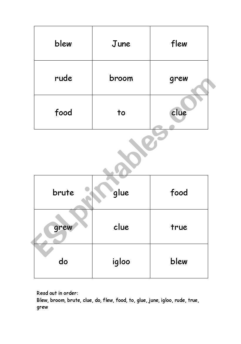 oo sound phonics bingo game worksheet