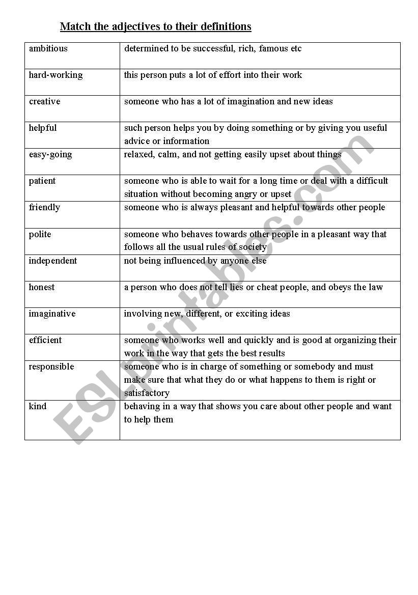 Personality (word list) worksheet
