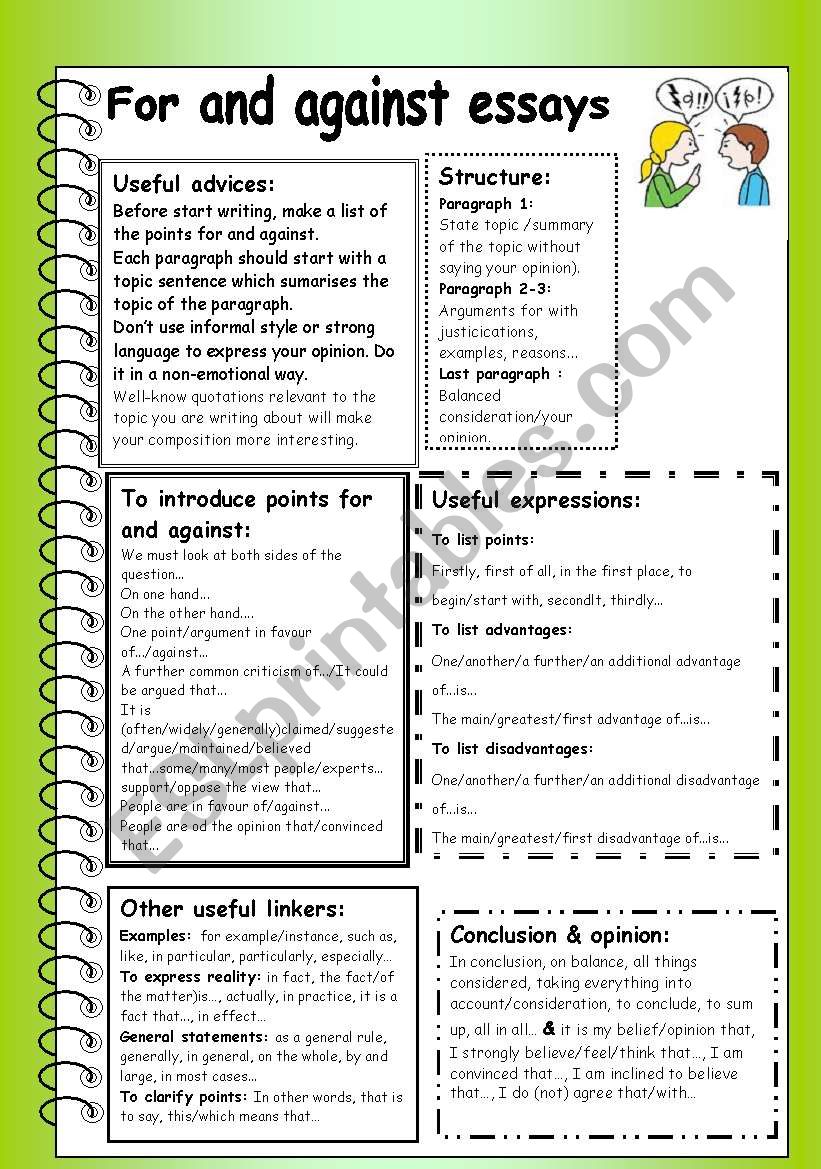For and against essays worksheet