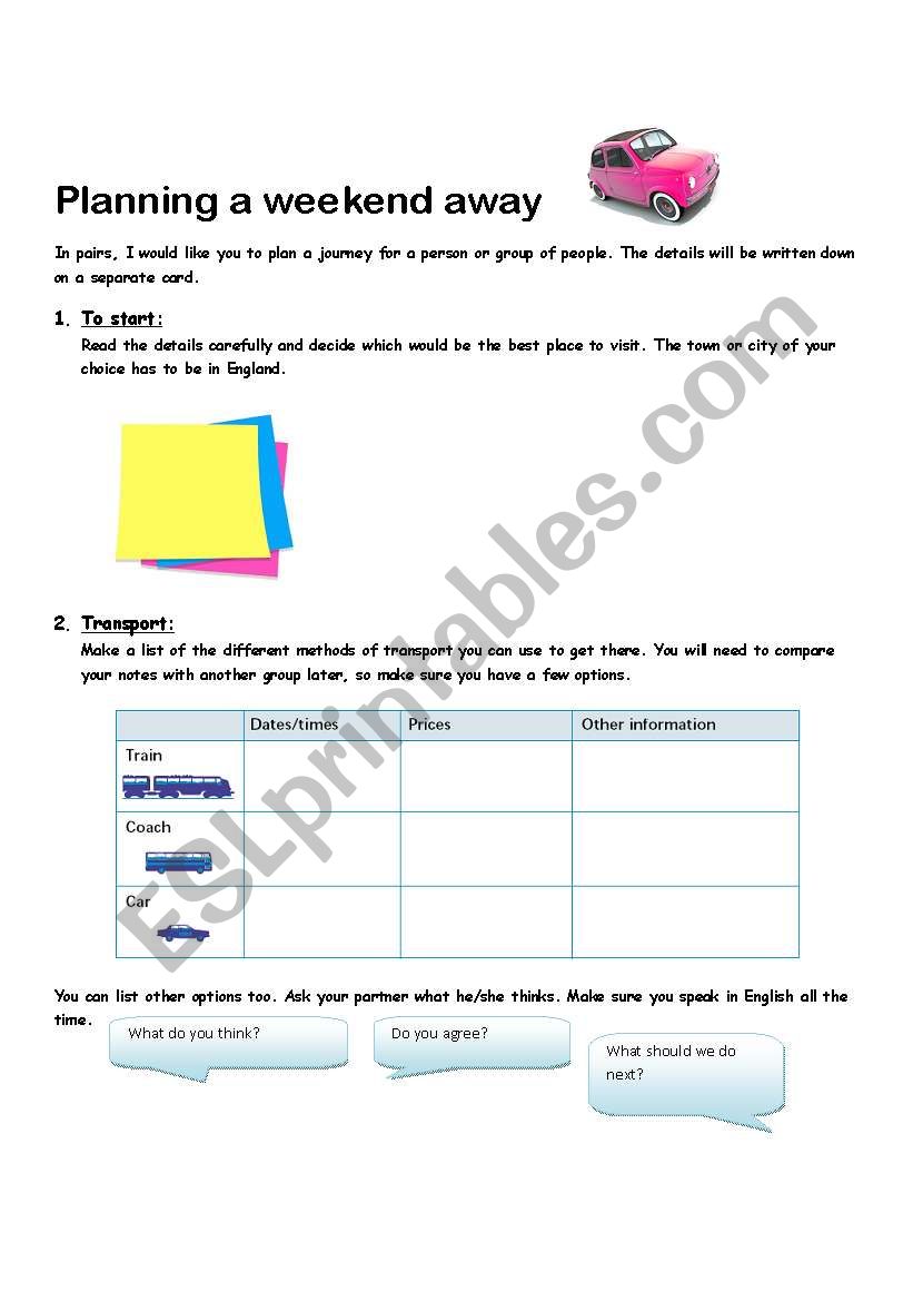 Planning a weekend away worksheet