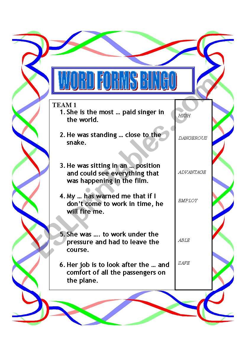 Word formation - BINGO worksheet