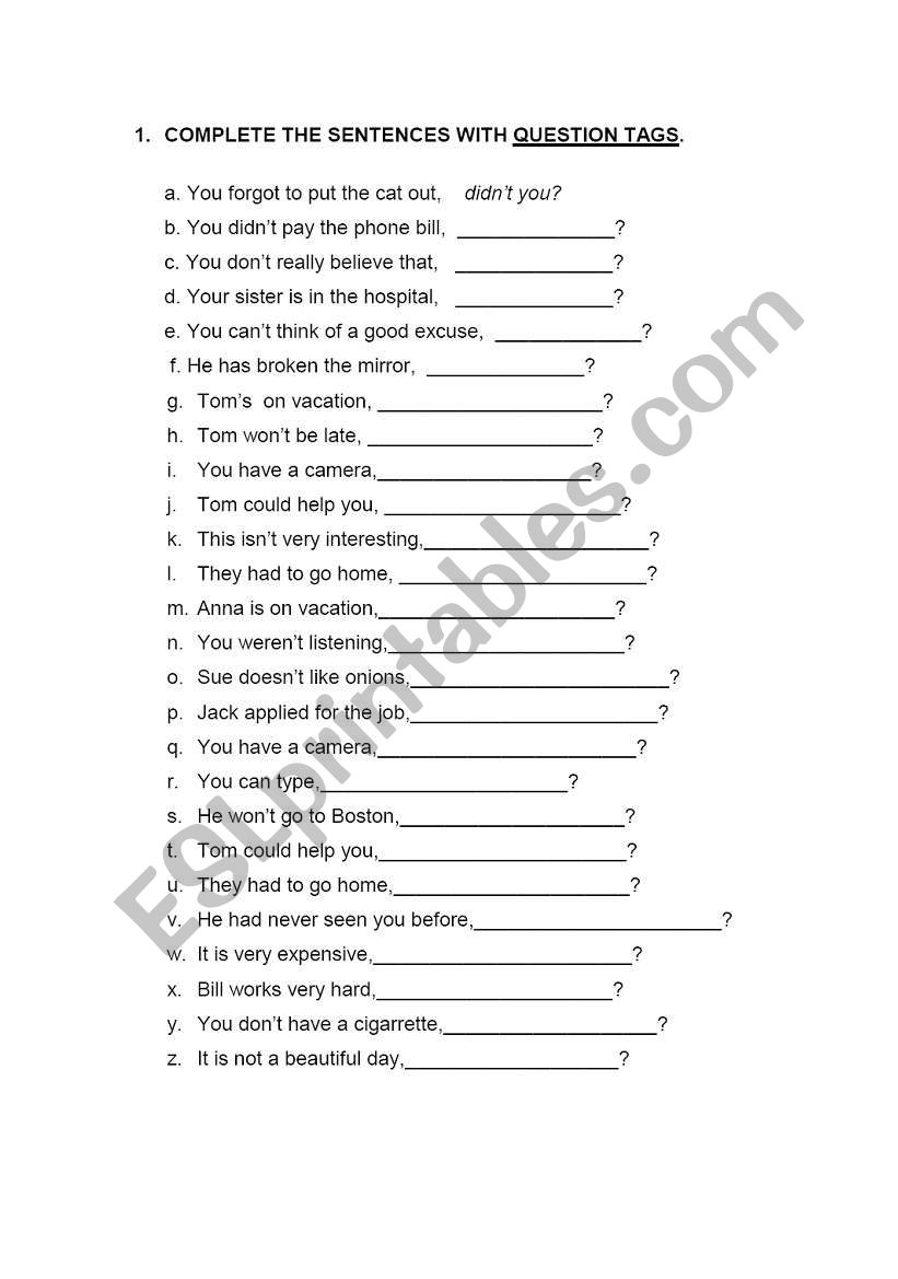 english worksheets question tags