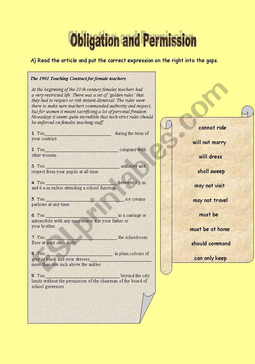 Modals of obligation and permission: 2 pages, with key.