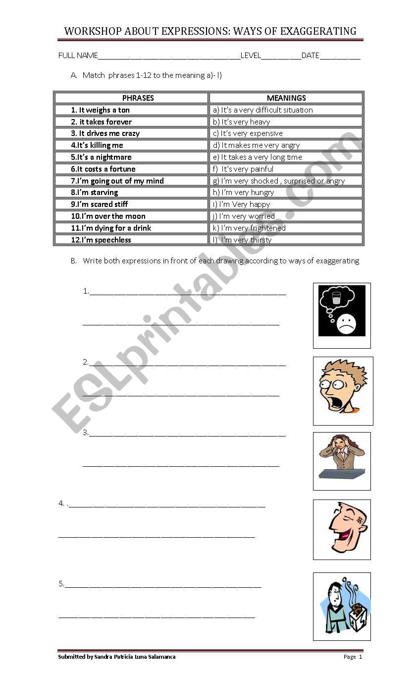 Ways of exaggerating worksheet