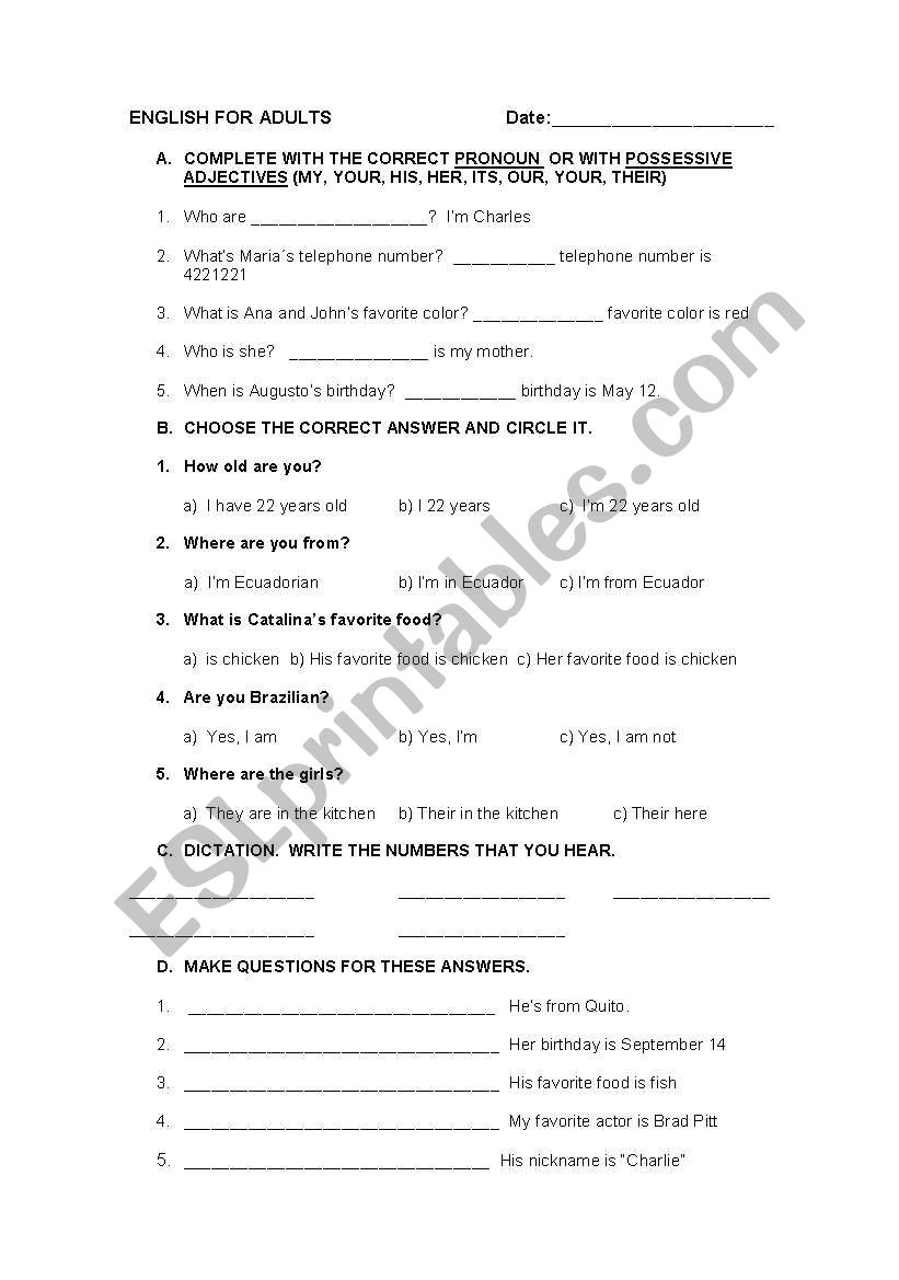 English for elementary worksheet