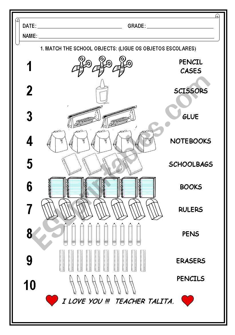 School  Objects and Numbers worksheet