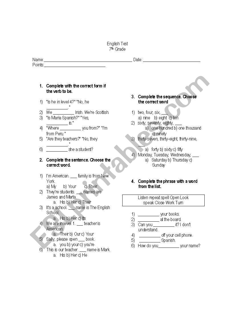 Unit Test worksheet