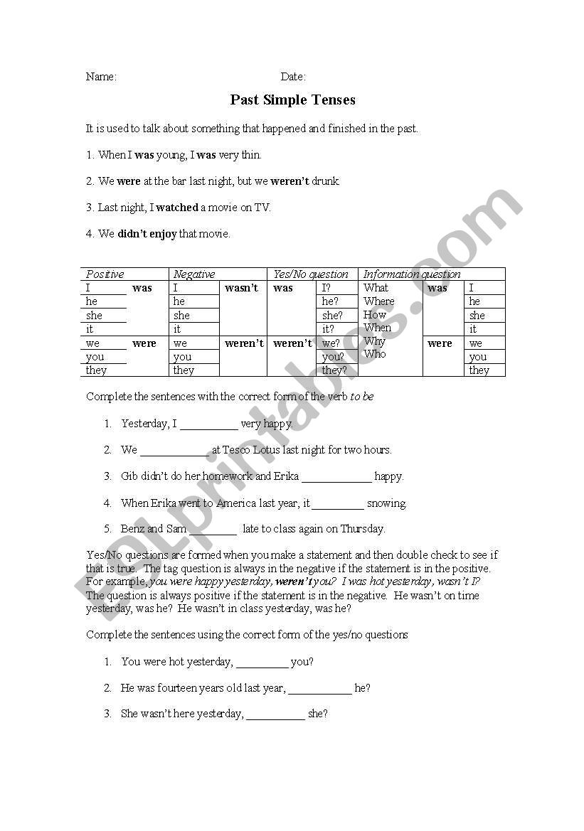 Simple Past Tense of verb to be