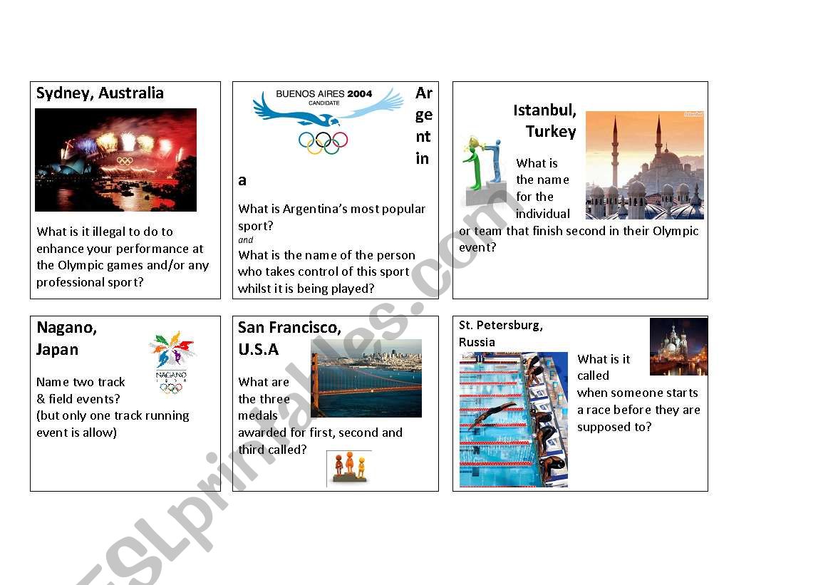 Olympic vocabulary board game card set 2