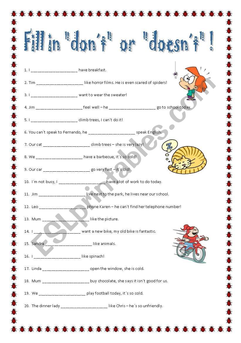 don´t or doesn´t - fill in negation in present simple - ESL worksheet ...