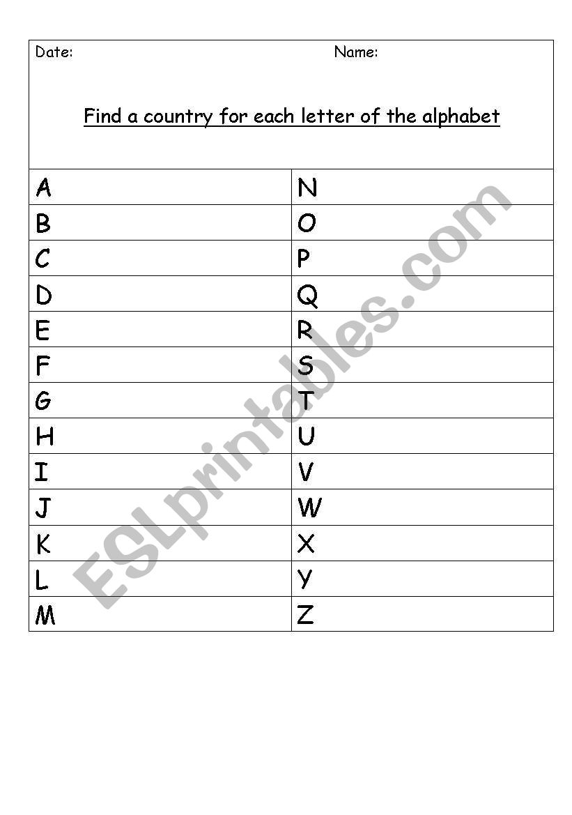 Alphabet Countries worksheet