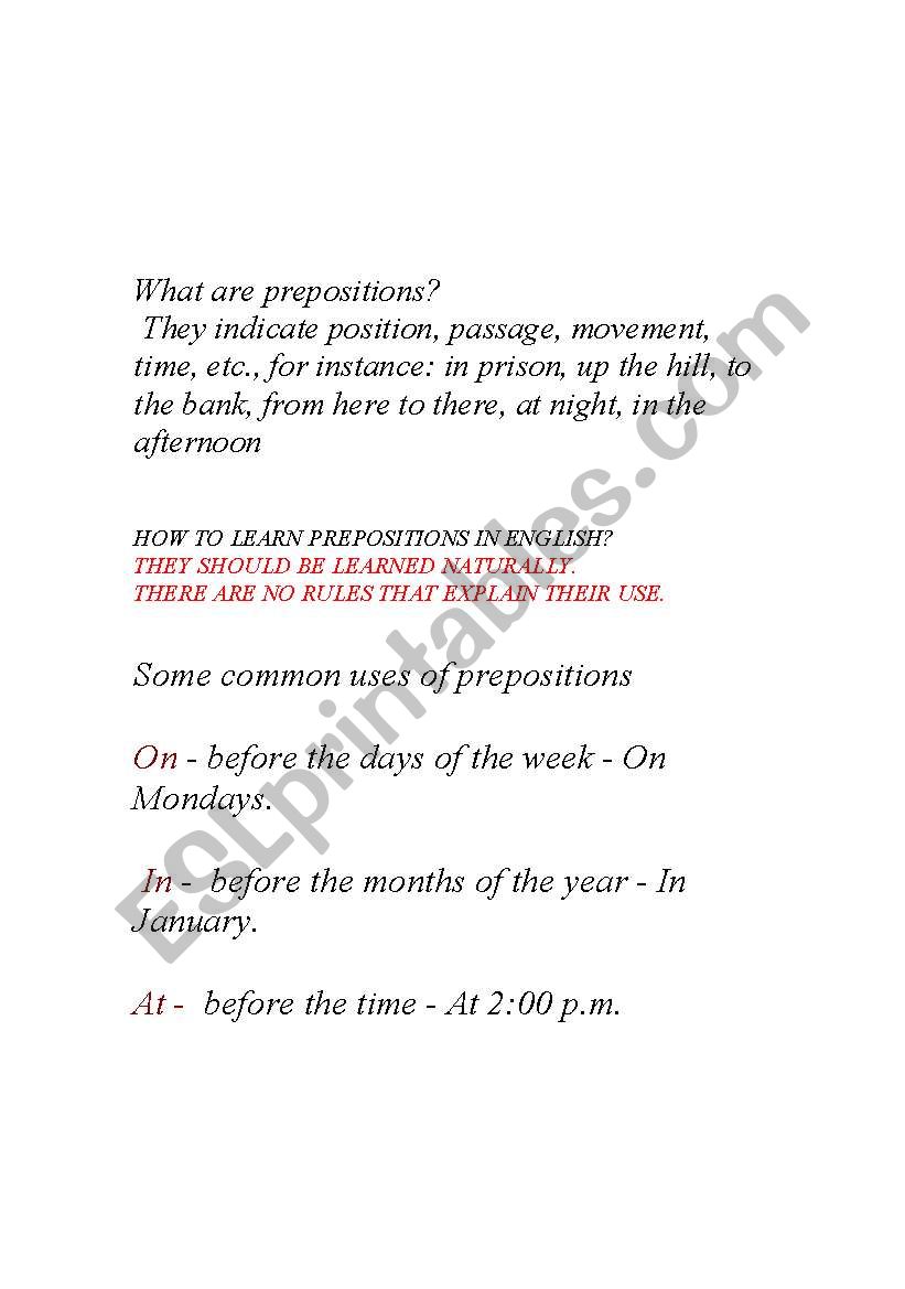 What are prepositions? worksheet