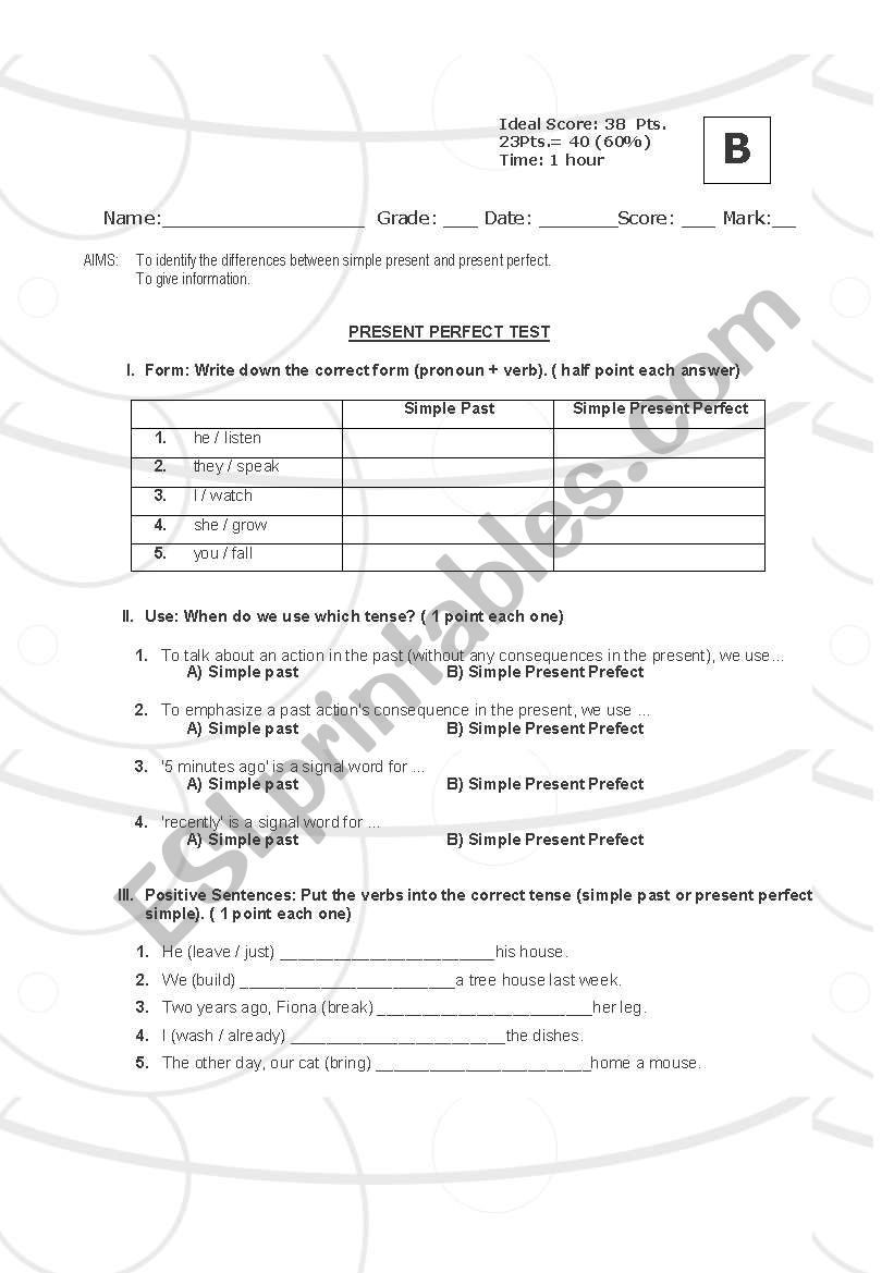 English Worksheets: Present Perfect Test Form B