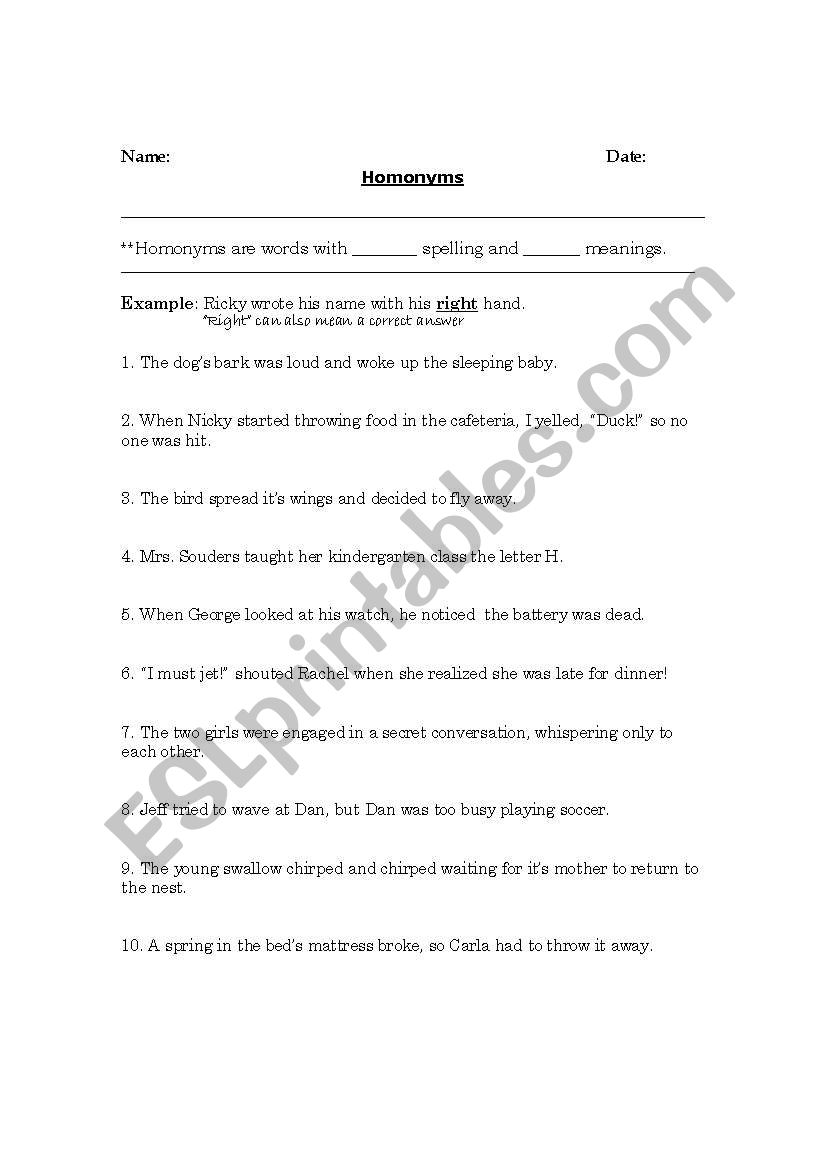 Homonyms worksheet