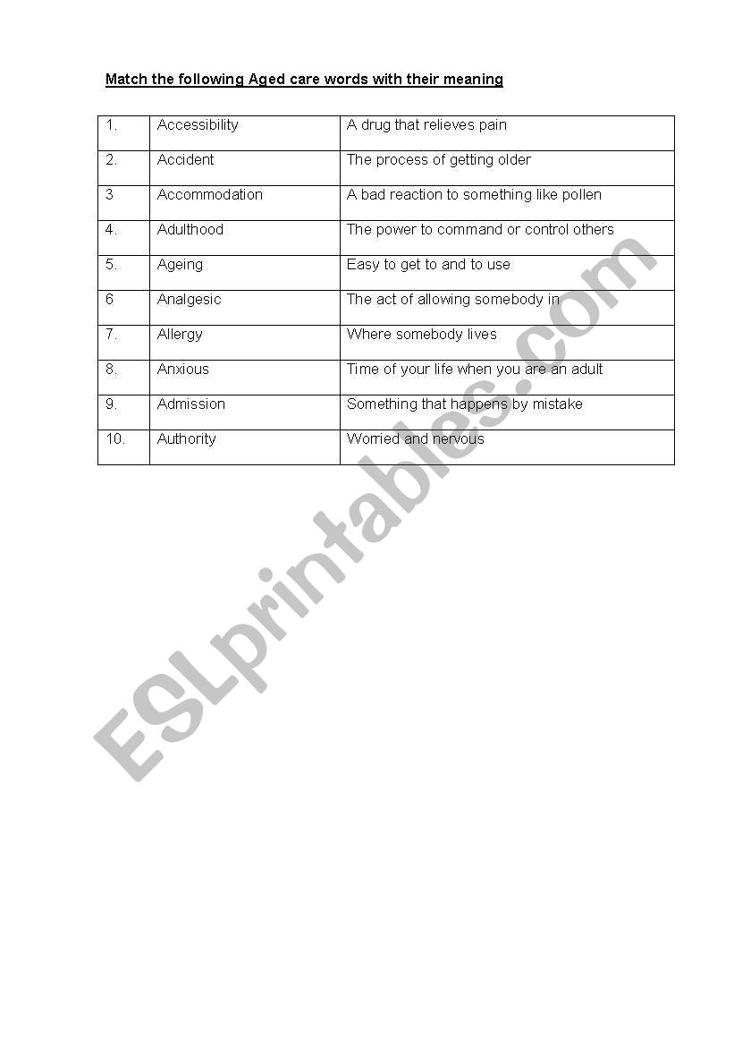 Aged care Vocabulary worksheet