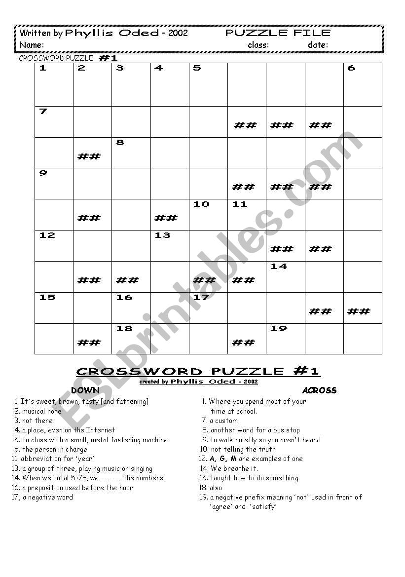 crossword puzzle #1 worksheet