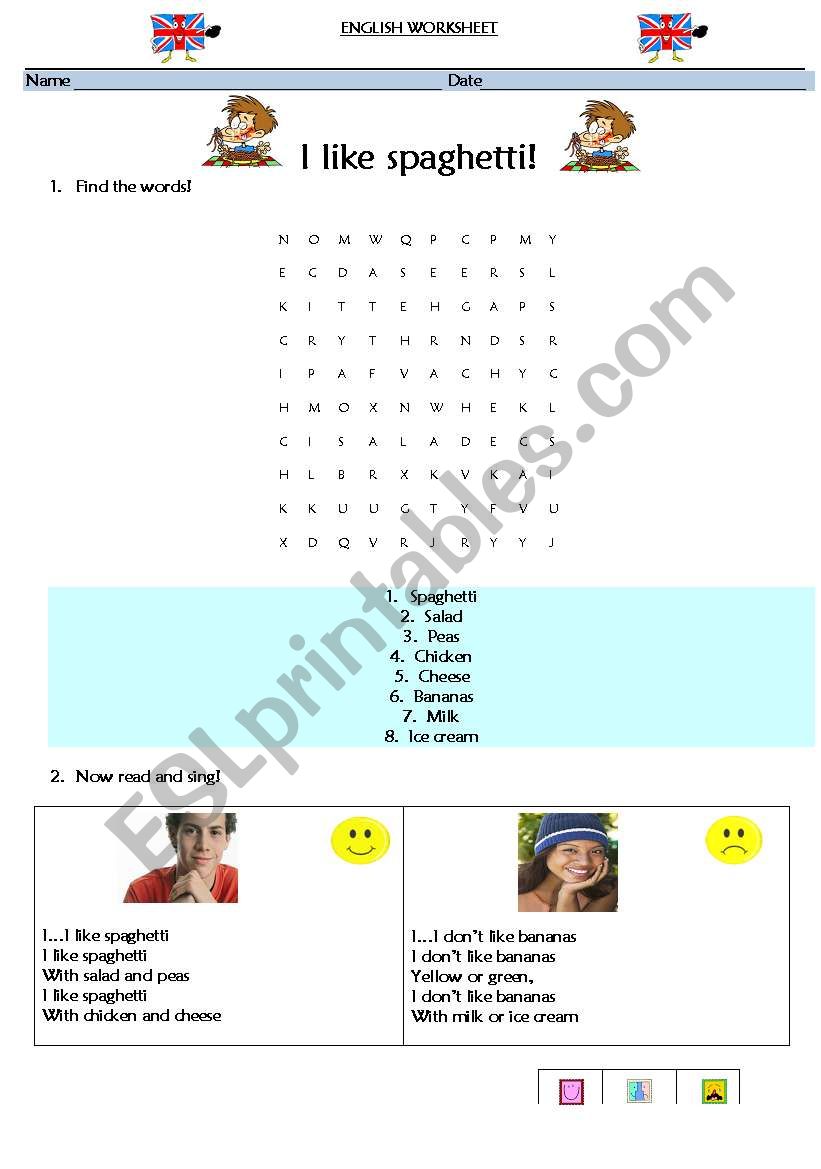 Food - I like spaghetti worksheet