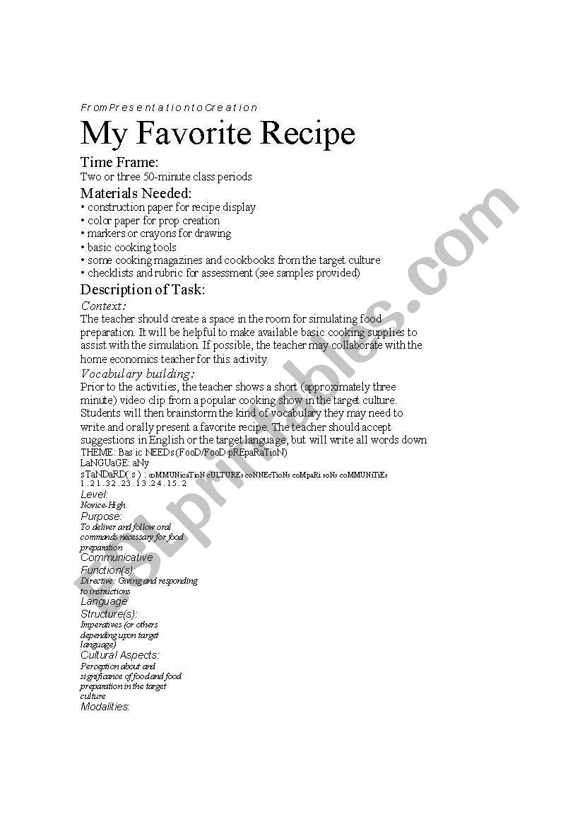 My Favorite Recipe worksheet