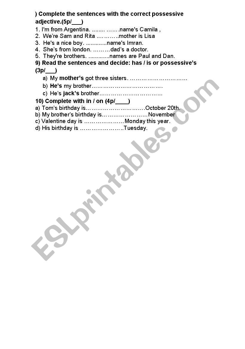 POSSESSIVES  worksheet