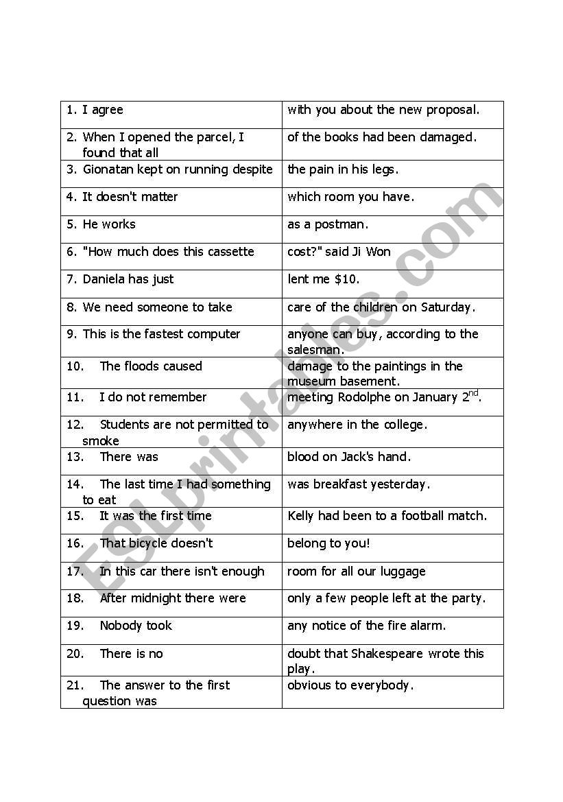 English Worksheets Sentence Matching