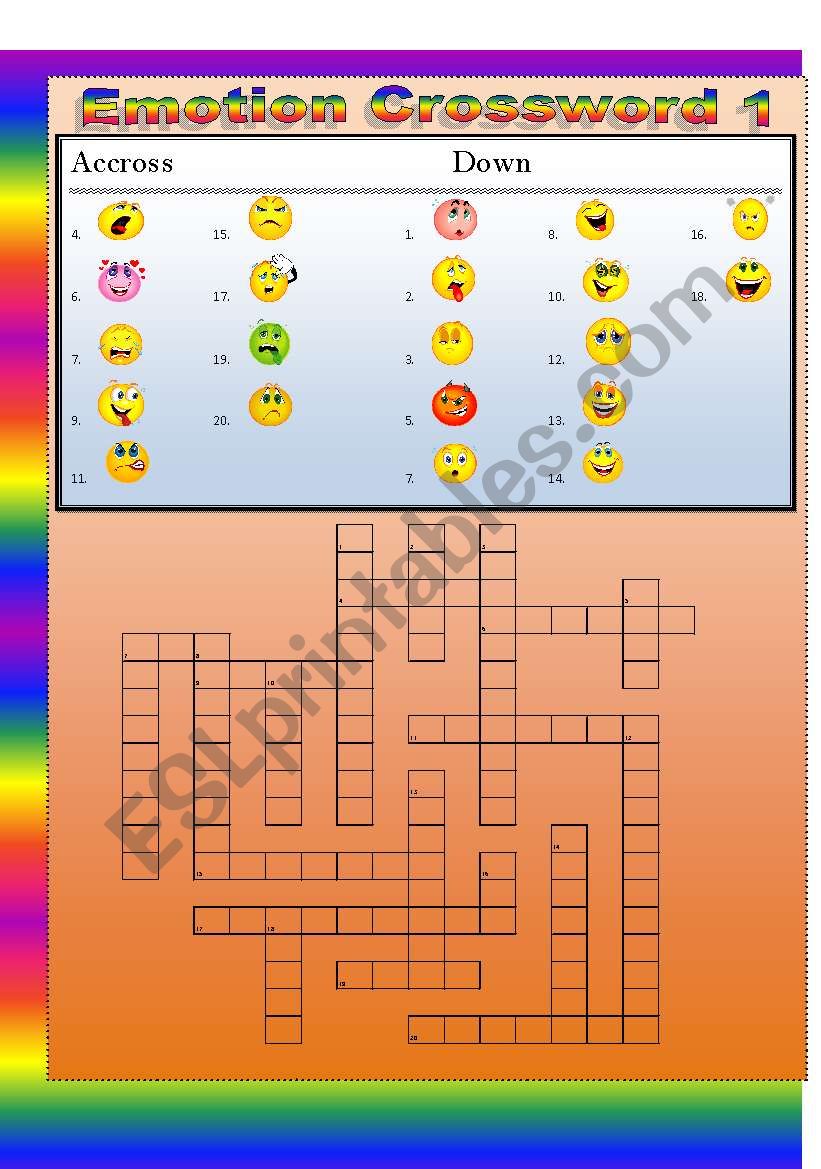 Emotion Crossword1 ESL worksheet by cbouch
