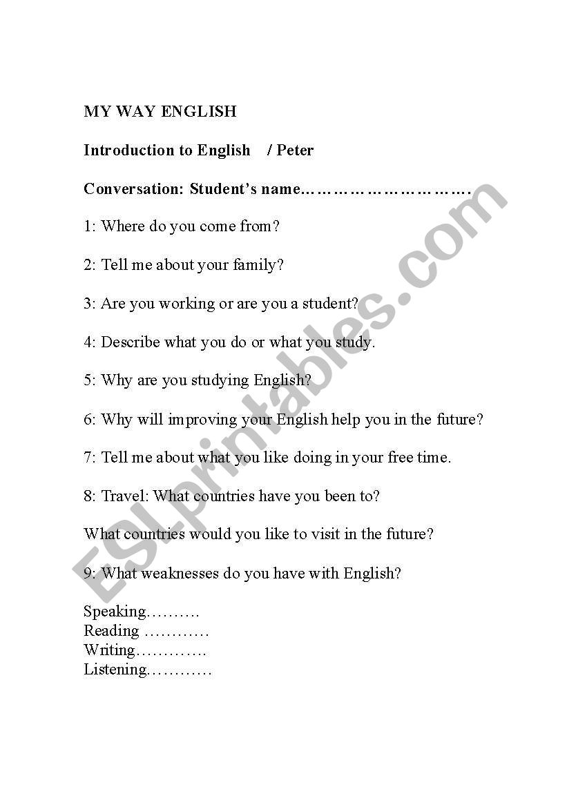 english intro Q and A worksheet