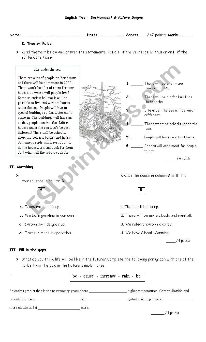 English Test : Environment and Future Simple