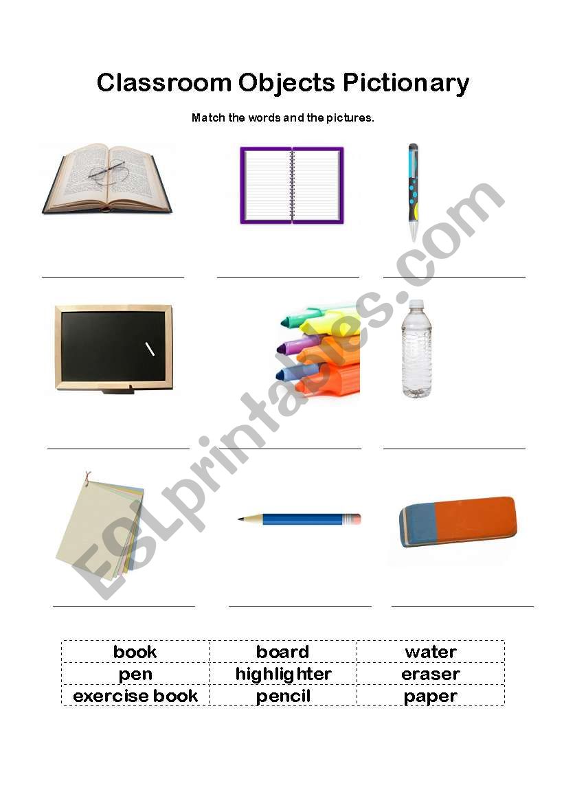 Classroom objects pictionary worksheet