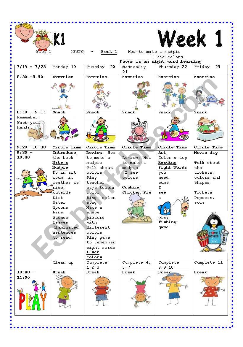 Week 1 Lesson plan For Summer Camp ESL Worksheet By AnnyJ