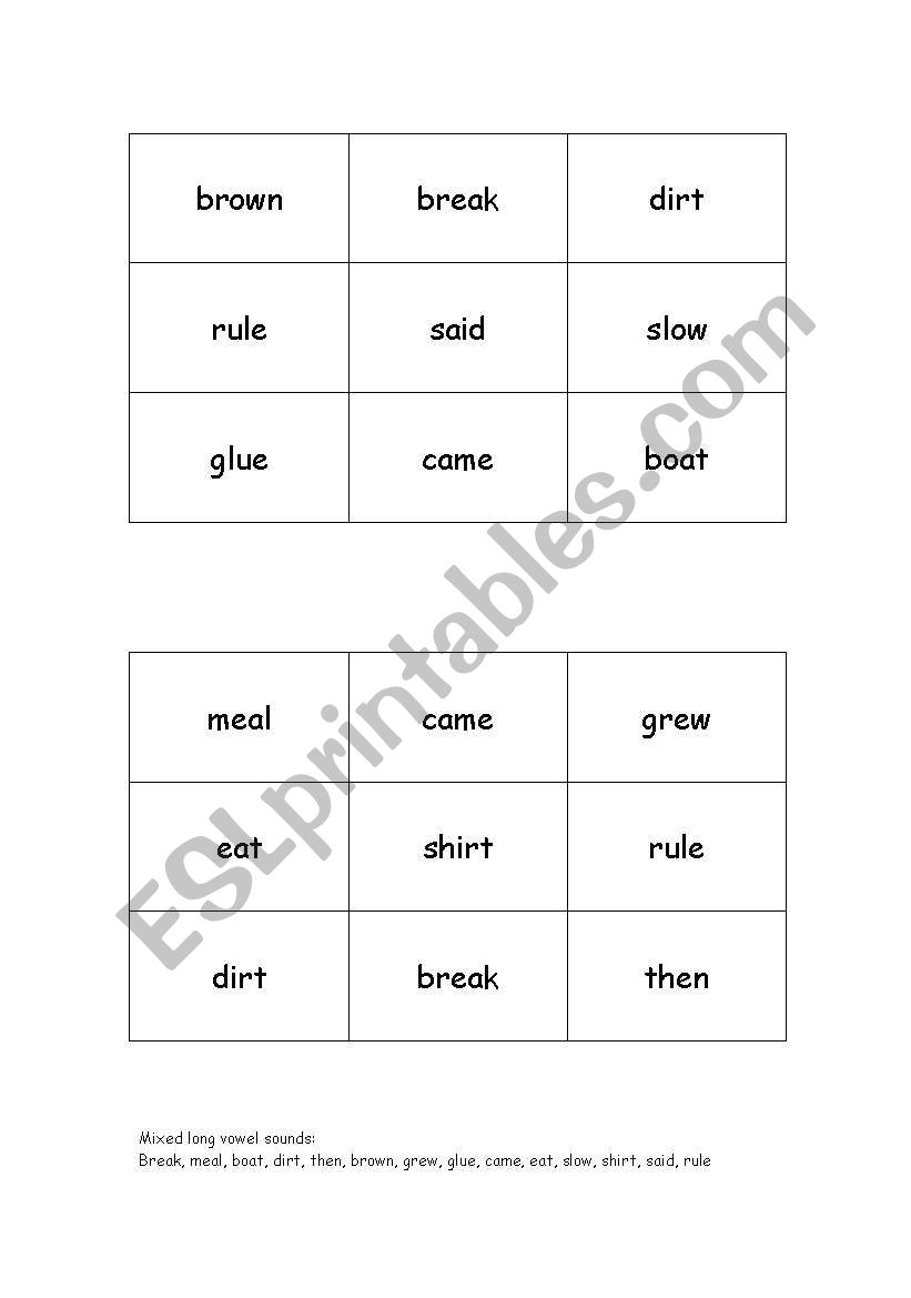 mixed long vowel bingo worksheet