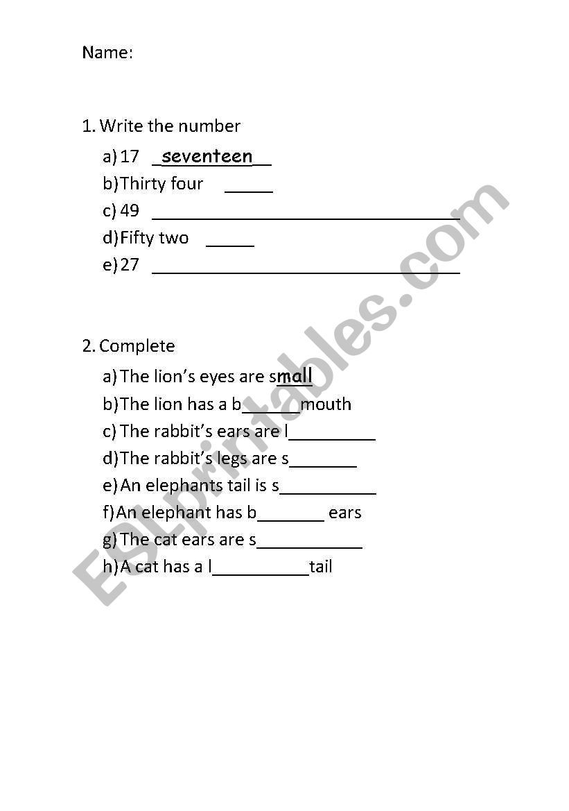 Test for elementaries worksheet